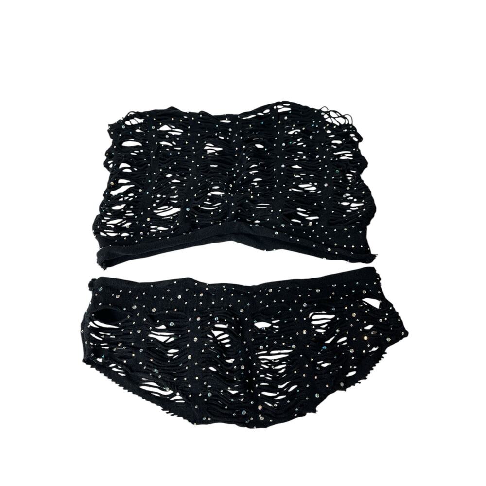 Sexy Black Two Piece Sequin Broken Hole Halter Top Bra And Panty Set Black OS